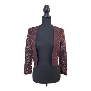 Y2K Brown Sequin Cropped Cardigan Shrug Open Knit Bolero Size M